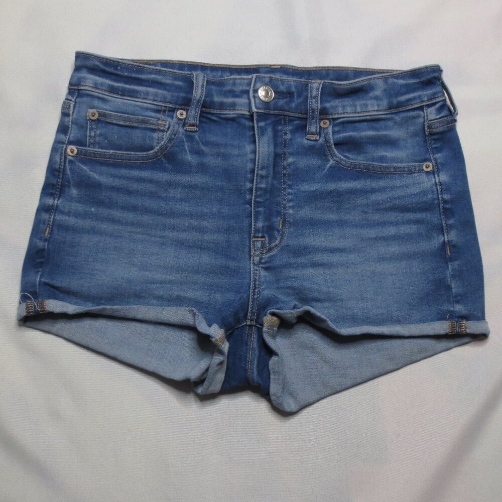 AMERICAN EAGLE womens SHORTS denim FRAYED high-rise shortie BLUE SIZE 6